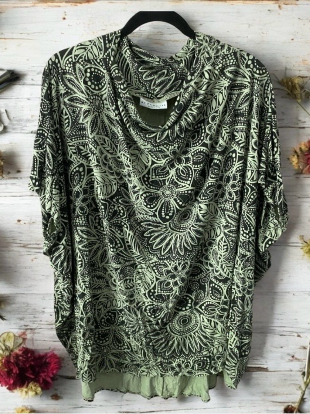 bryn Walker Floral Draped Tunic Light Green and Black Boho Lagenlook Medium
